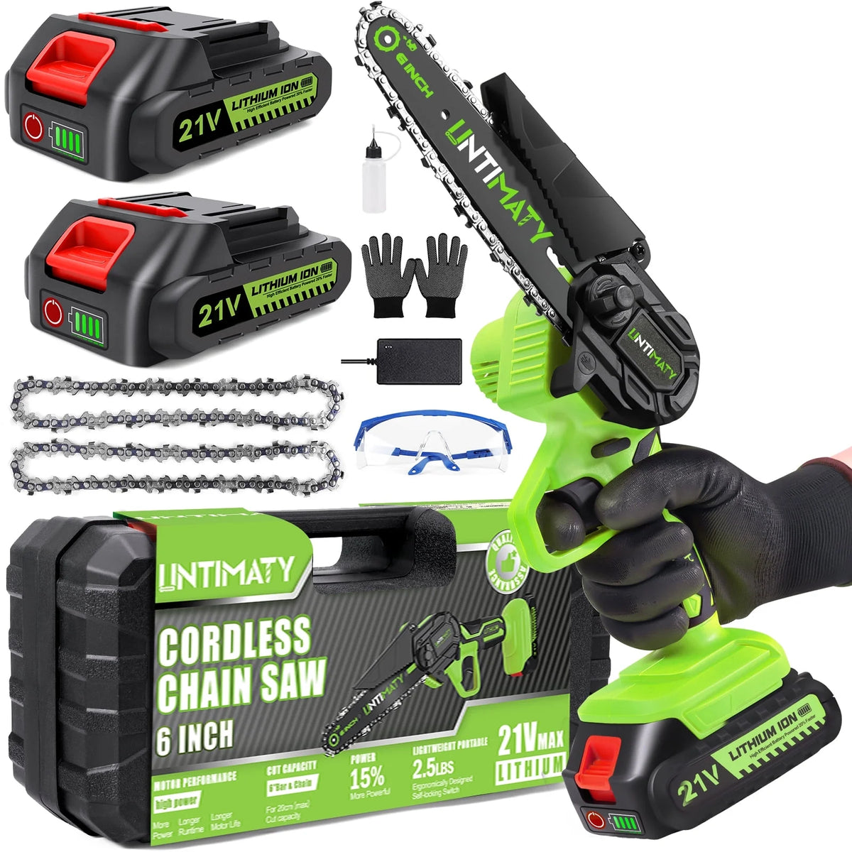 6-inch Cordless Mini Chainsaw with 2 Batteries 2 Chains T420