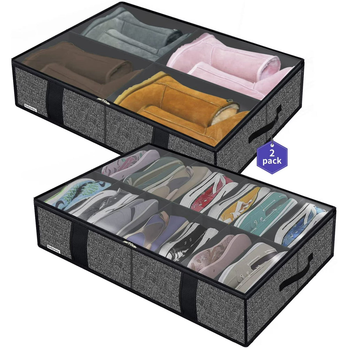 Black Foldable Underbed Shoe Storage Organizer with Clear Window U477