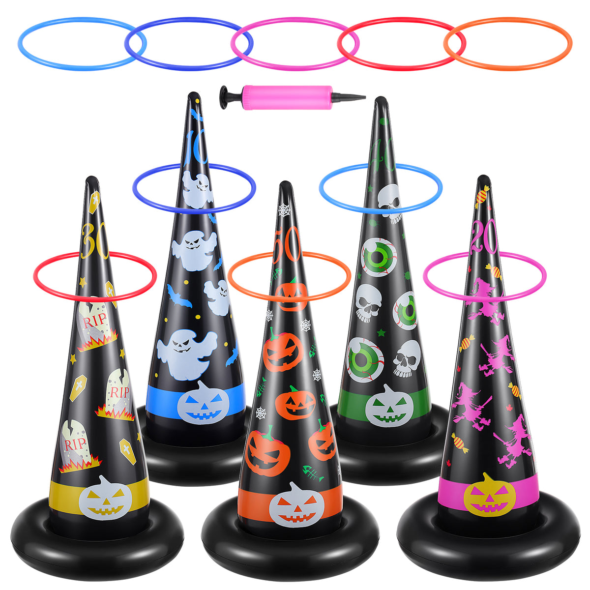 5pcs Inflatable Halloween Witch Hat Ring Toss Game Party Supplies with Plastic Rings Air Pump P525