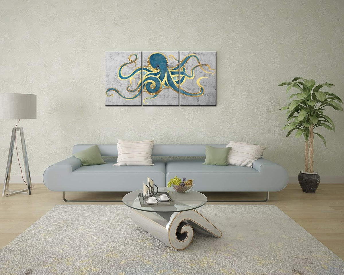3 Piece Canvas Wall Art Teal Green Octopus Painting Prints on Canvas Sea Life Picture Poster Gallery Wrap Ready to Hang E114