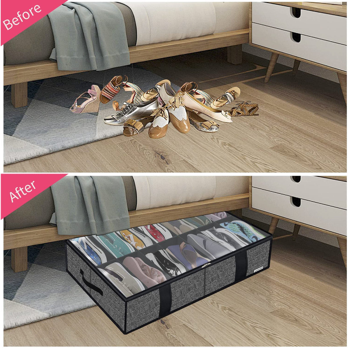Black Foldable Underbed Shoe Storage Organizer with Clear Window U477