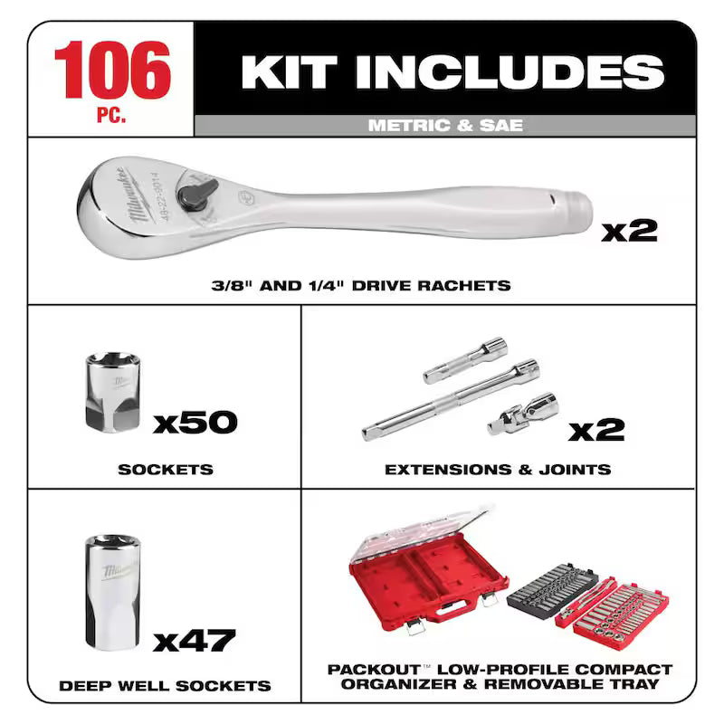 106-Piece SAE/Metric Ratchet and Socket Mechanics Tool Set with Case I58718