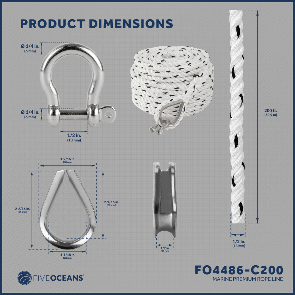 1/2 inch x 200 ft 3-Strand White Nylon Anchor Rope Line with Stainless Steel Thimble and Schakle G10225