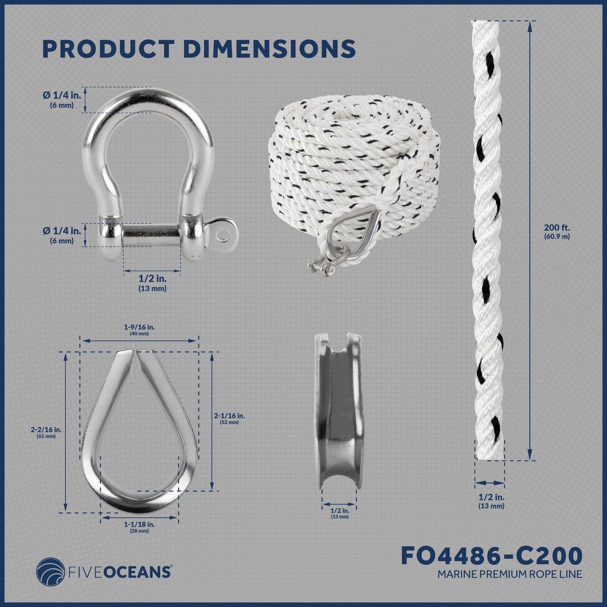 1/2 inch x 200 ft 3-Strand White Nylon Anchor Rope Line with Stainless Steel Thimble and Schakle G10225