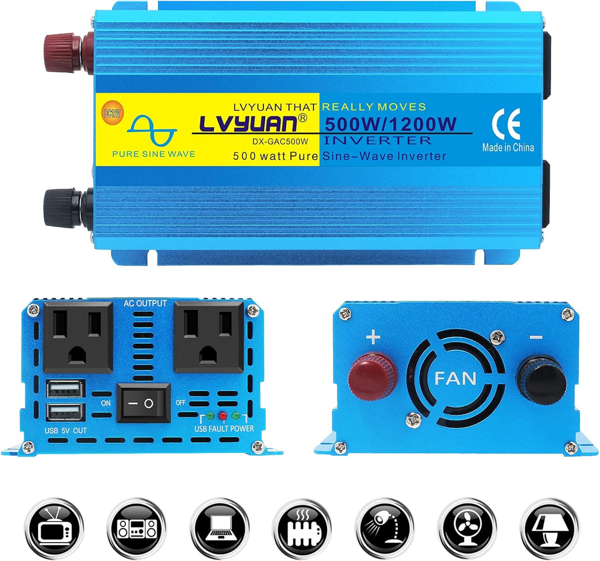 1000W Pure Sine Wave Car Power Inverter DC 12V to 110V AC with Dual AC Outlets and Dual USB Charging Ports A74596