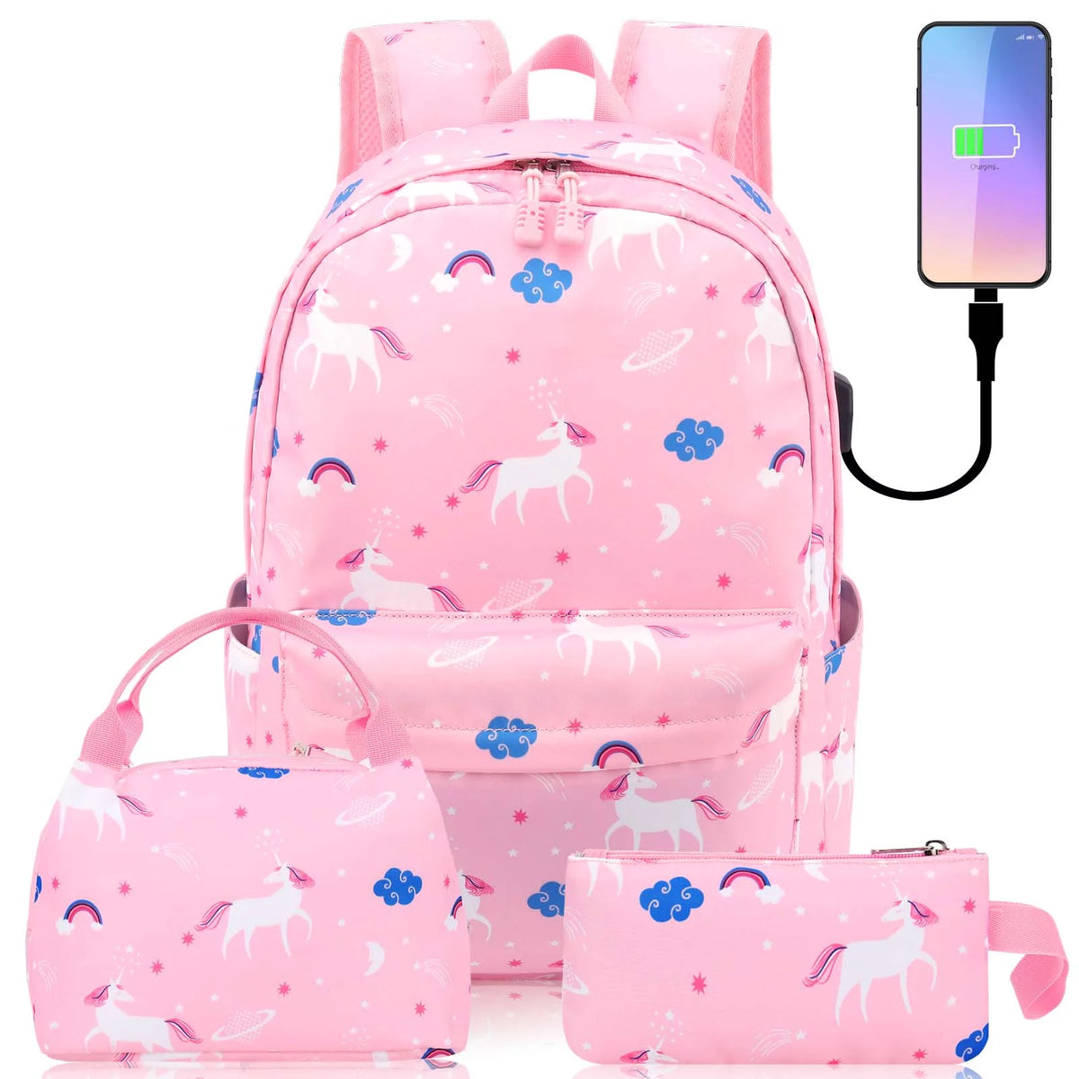 Pink Canvas School Backpack with USB Charging Port K448