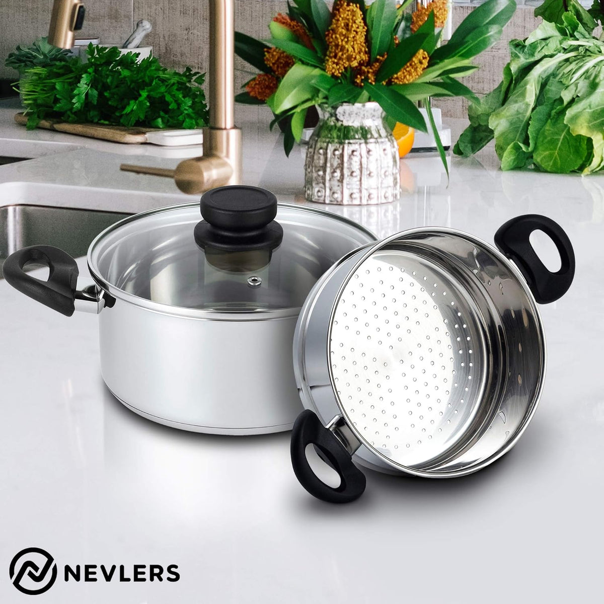 Stainless Steel 3 Quart Steamer Pot with 2 Quart Steamer Insert plus Vented Lid 3 Piece Set S974