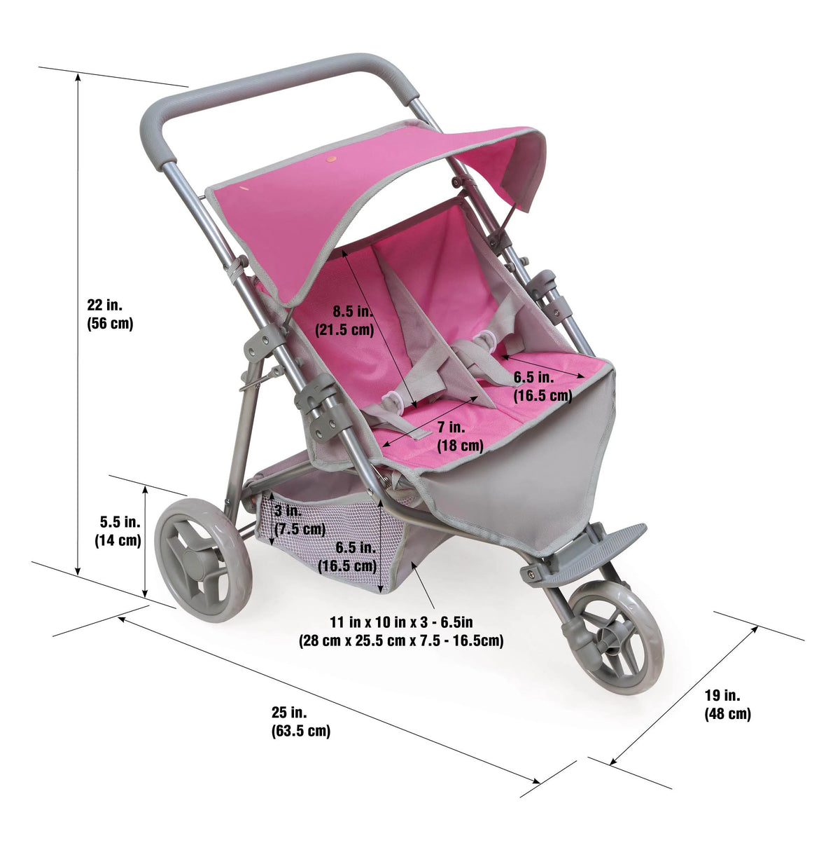 Pink Gray 3-Wheel Folding Twin Doll Stroller F15955