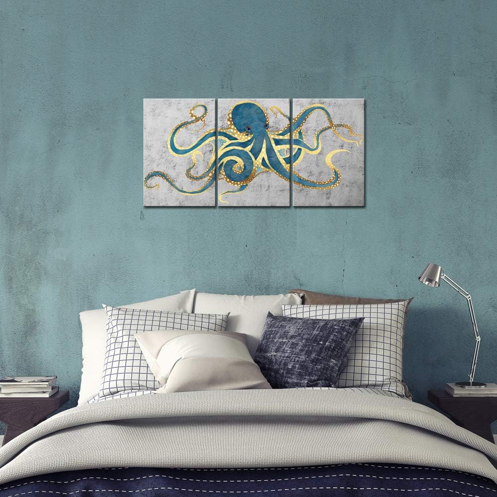 3 Piece Canvas Wall Art Teal Green Octopus Painting Prints on Canvas Sea Life Picture Poster Gallery Wrap Ready to Hang E114