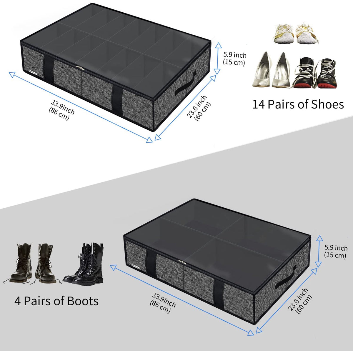 Black Foldable Underbed Shoe Storage Organizer with Clear Window U477