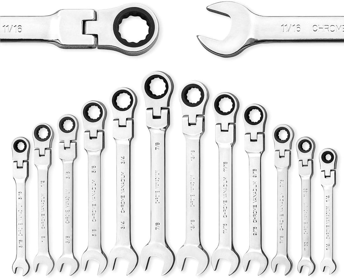 12-Piece 8-19mm Metric Flex-Head Ratcheting Wrench Set with Canvas Bag X2936