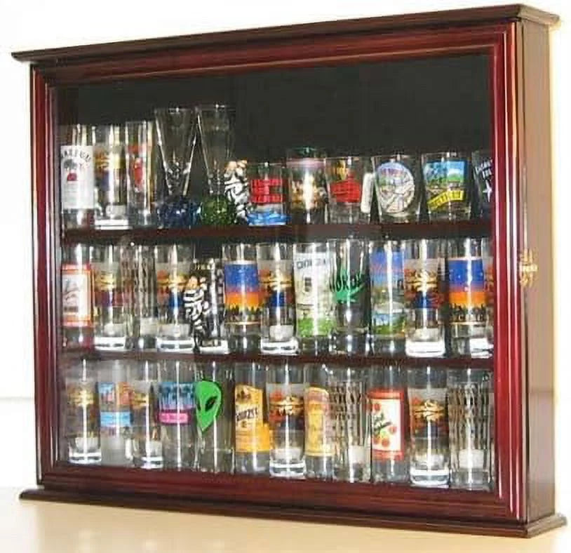 Glass Shooter Display Case Holder Wall Curio Cabinet Mahogany Finish P3319