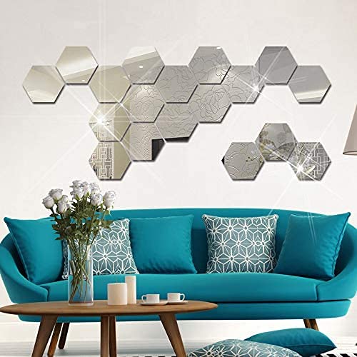 12 Pcs Silver Acrylic Hexagon Mirror Wall Stickers Y8956