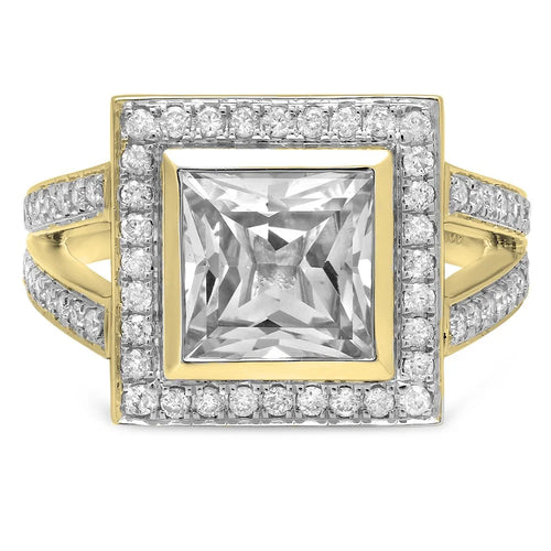 10K Yellow Gold Princess White Sapphire & Round White Diamond Bridal Engagement Ring, Size 5 I629