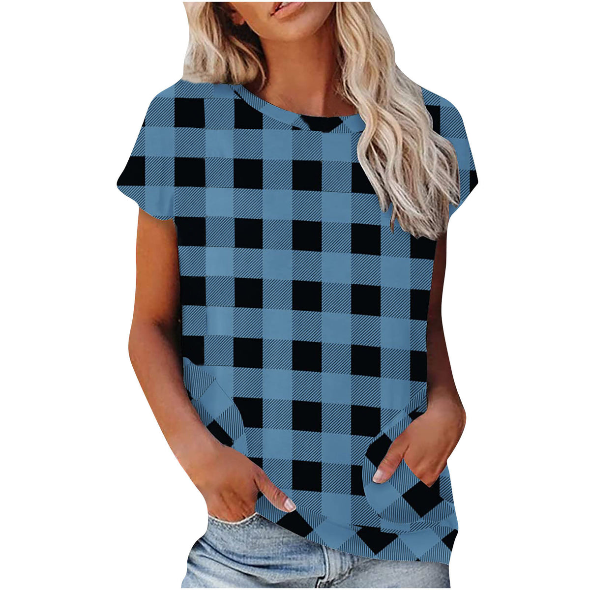 Plaid Short Sleeve Tunic Top with Pocket A8244