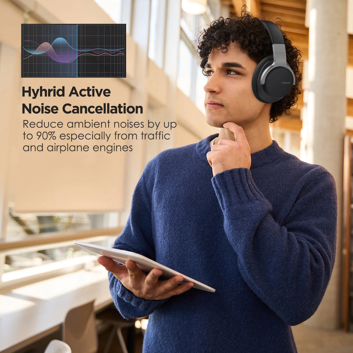 Black Active Noise Cancelling Wireless Over Ear Headphones with Mic Y3499