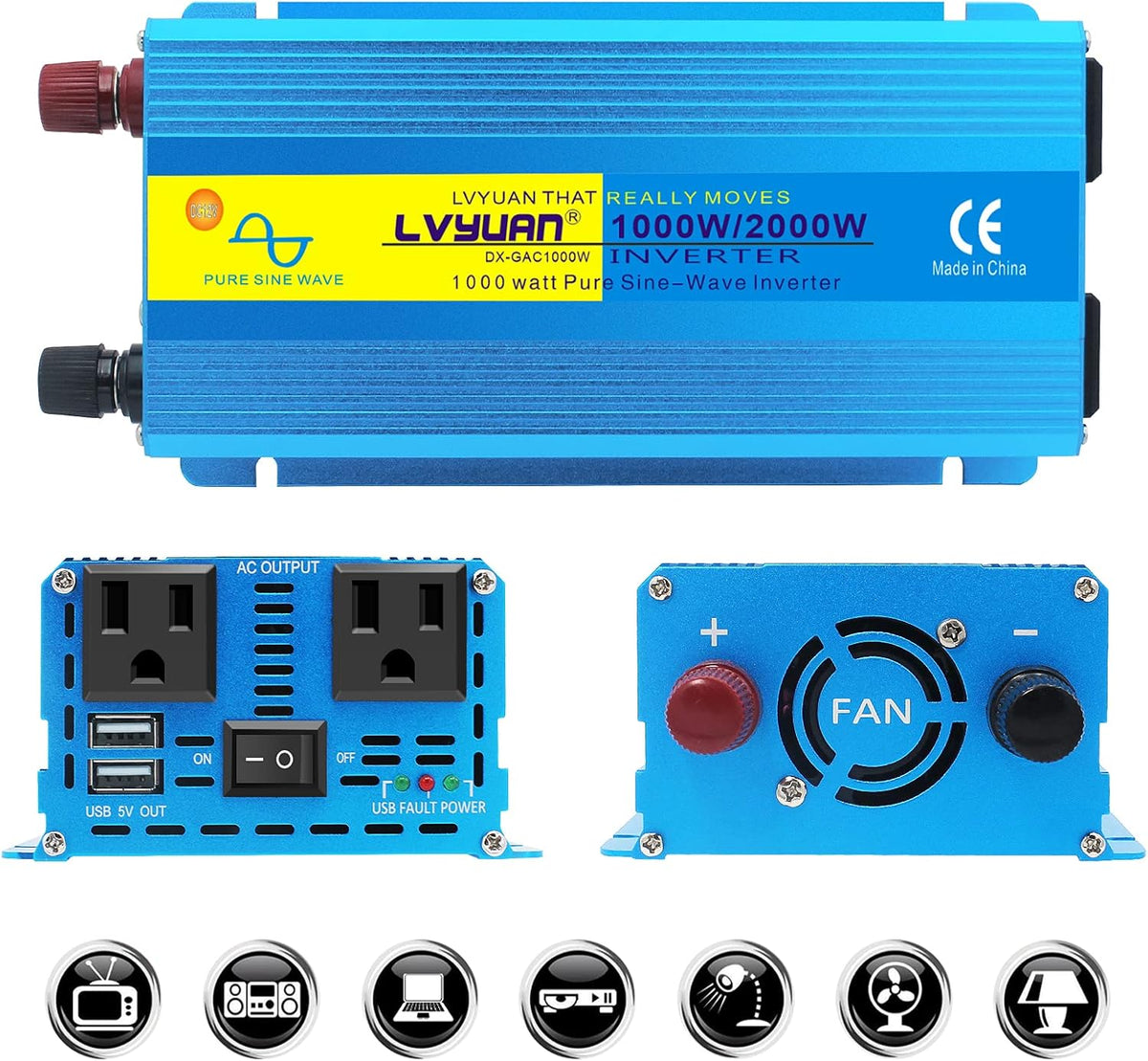 1000W Pure Sine Wave Car Power Inverter DC 12V to 110V AC with Dual AC Outlets and Dual USB Charging Ports A74596
