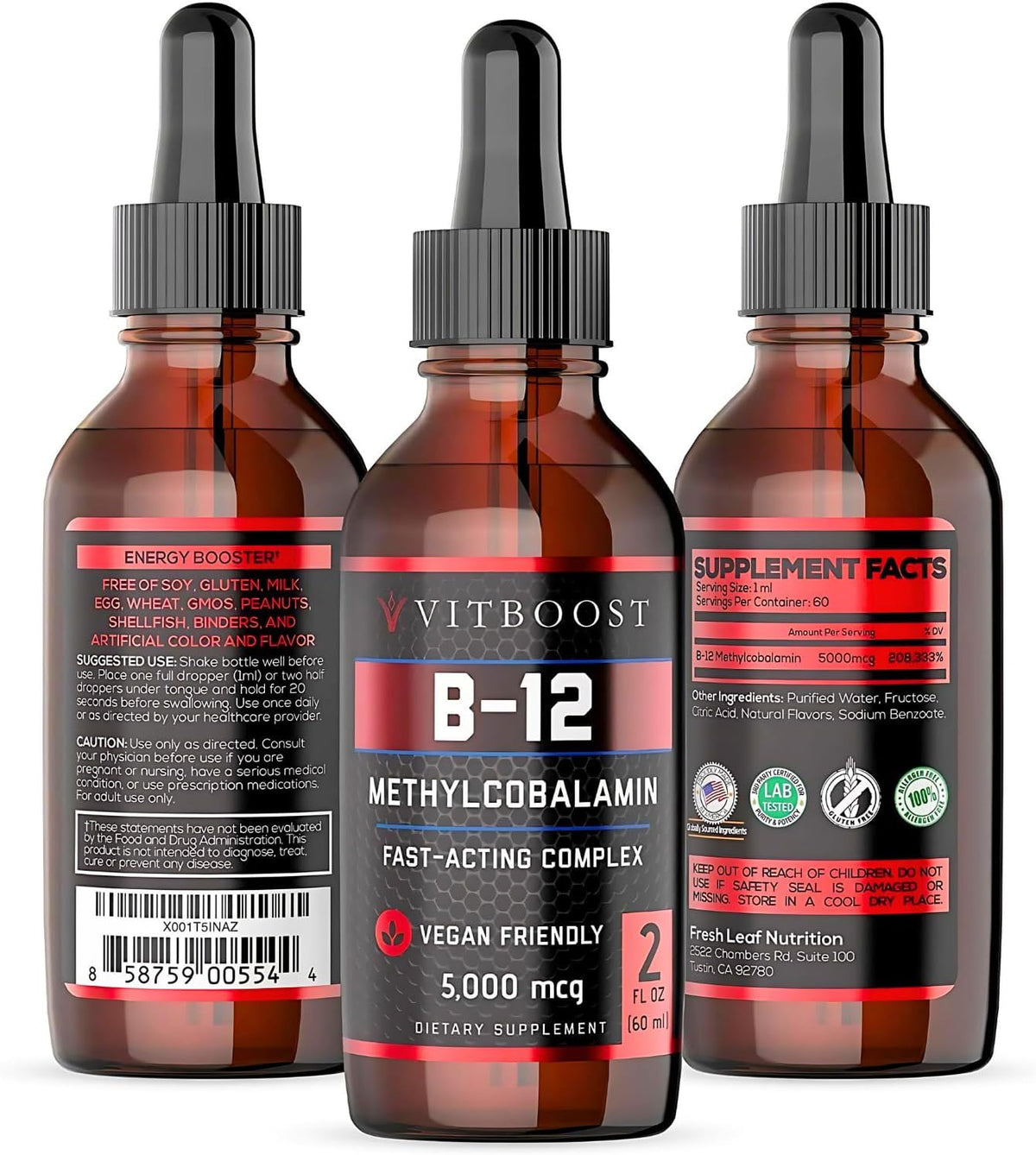 60 x 5000 mcg Raspberry Flavored Vitamin B12 Liquid Methylcobalamin Supplement Y32456