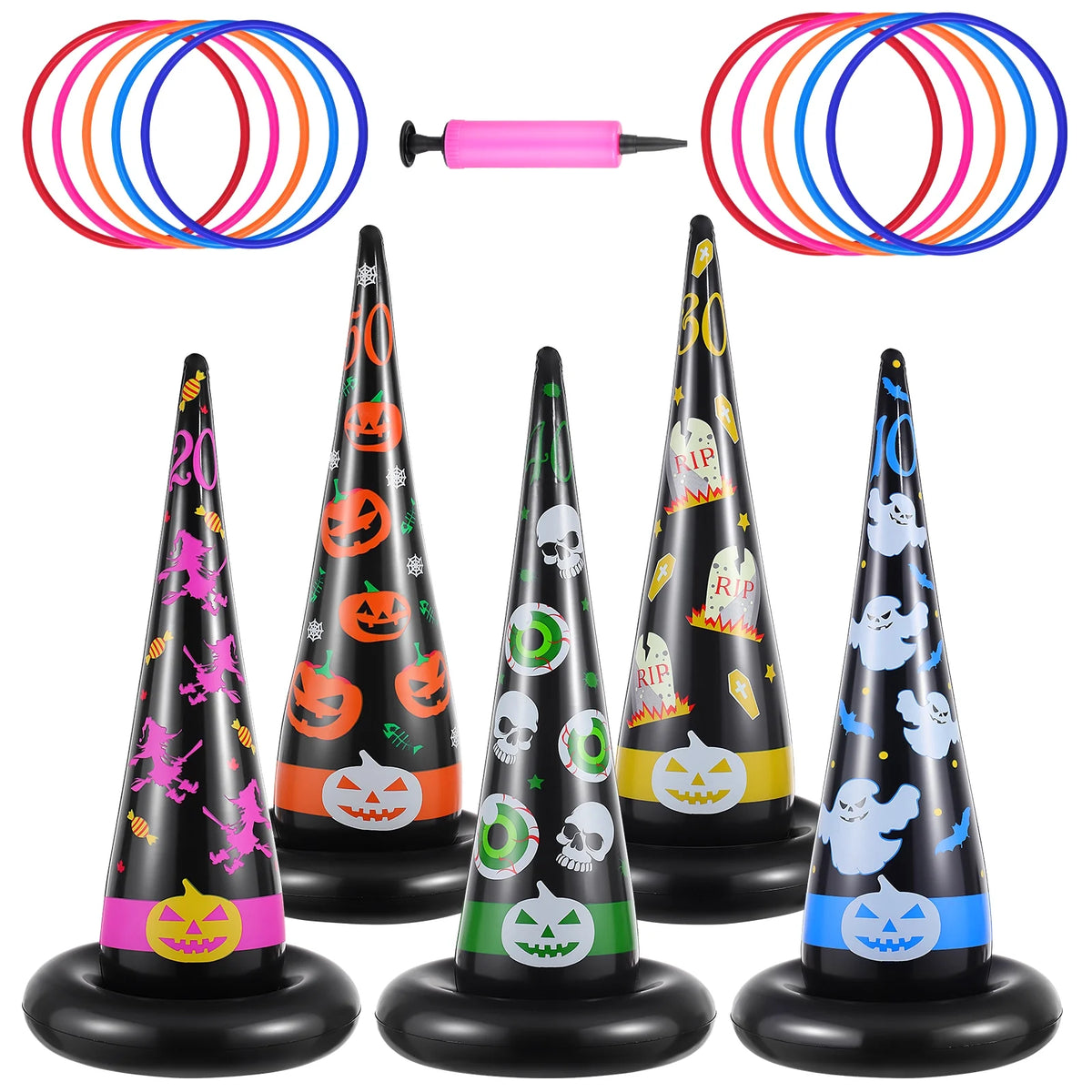 5pcs Inflatable Halloween Witch Hat Ring Toss Game Party Supplies with Plastic Rings Air Pump P525