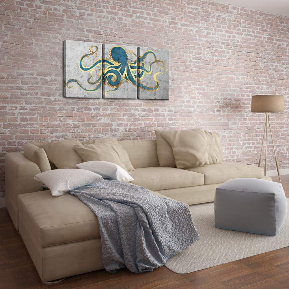 3 Piece Canvas Wall Art Teal Green Octopus Painting Prints on Canvas Sea Life Picture Poster Gallery Wrap Ready to Hang E114