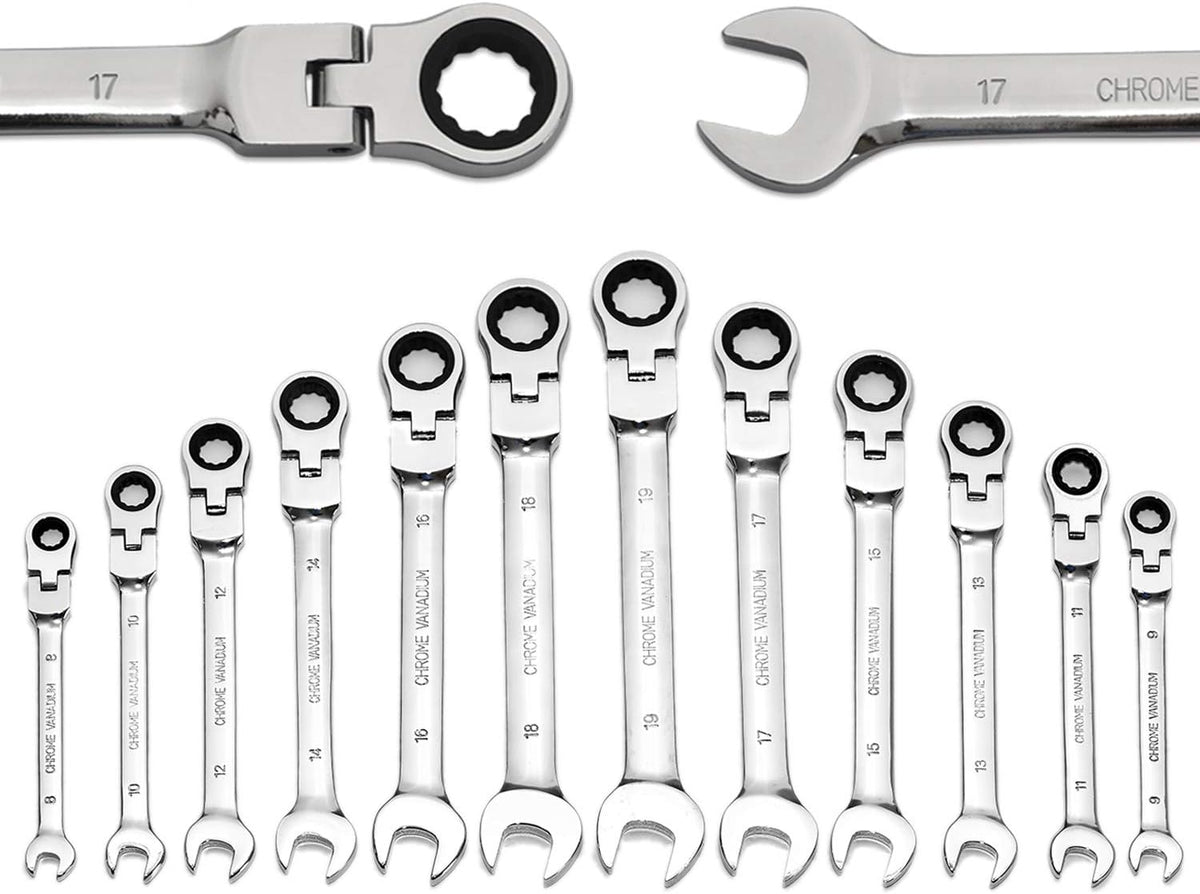 12-Piece 8-19mm Metric Flex-Head Ratcheting Wrench Set with Canvas Bag X2936