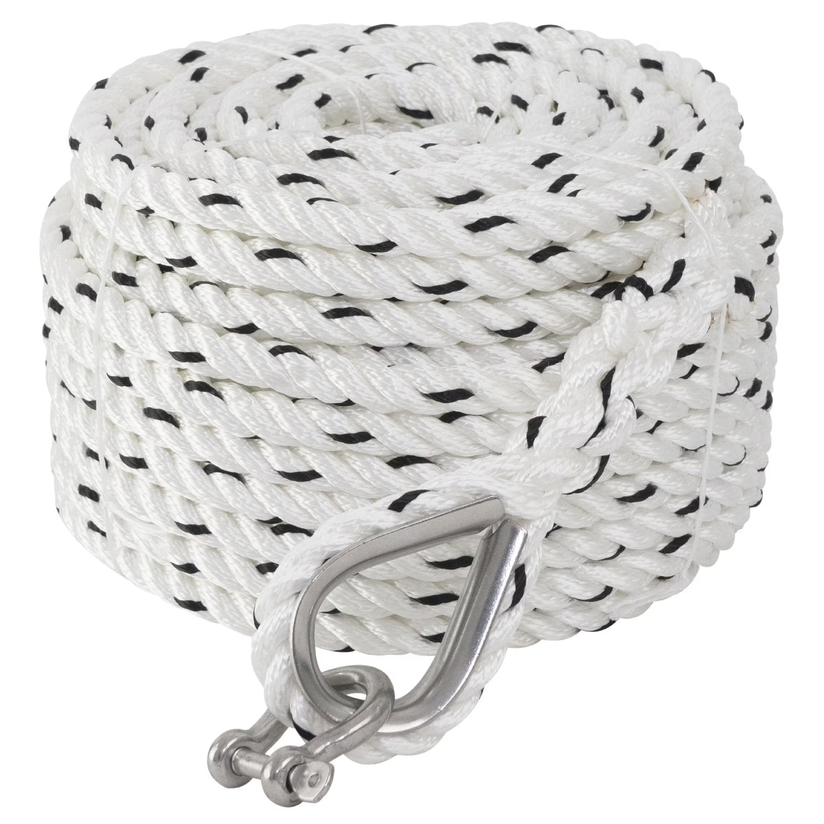 1/2 inch x 200 ft 3-Strand White Nylon Anchor Rope Line with Stainless Steel Thimble and Schakle G10225