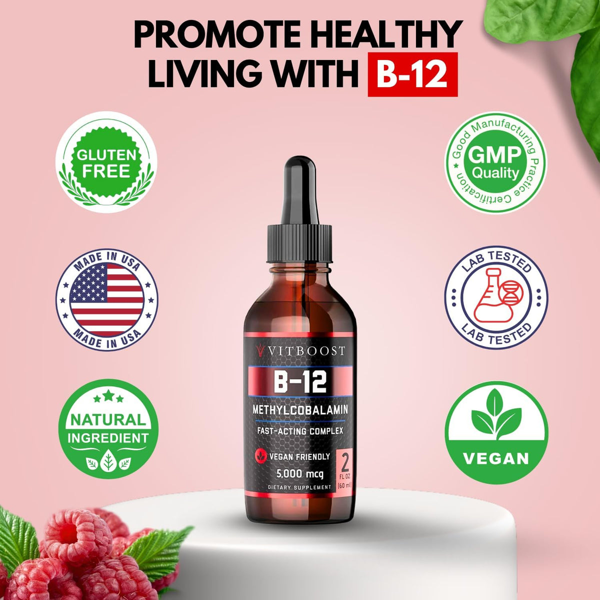 60 x 5000 mcg Raspberry Flavored Vitamin B12 Liquid Methylcobalamin Supplement Y32456