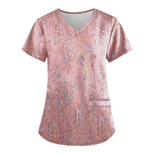 Floral Printed Short Sleeve V Neck Scrubs Tops with Pocket G1361