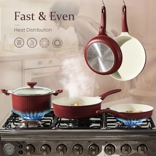 12pcs Non Stick Granite Pots and Pans Set, Dark Red M421821