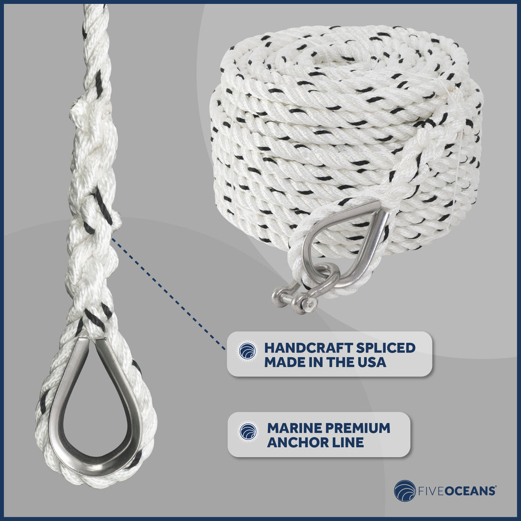 1/2 inch x 200 ft 3-Strand White Nylon Anchor Rope Line with Stainless Steel Thimble and Schakle G10225