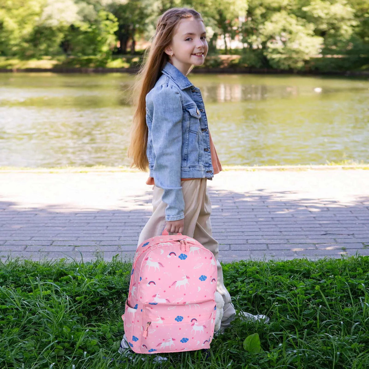 Pink Canvas School Backpack with USB Charging Port K448