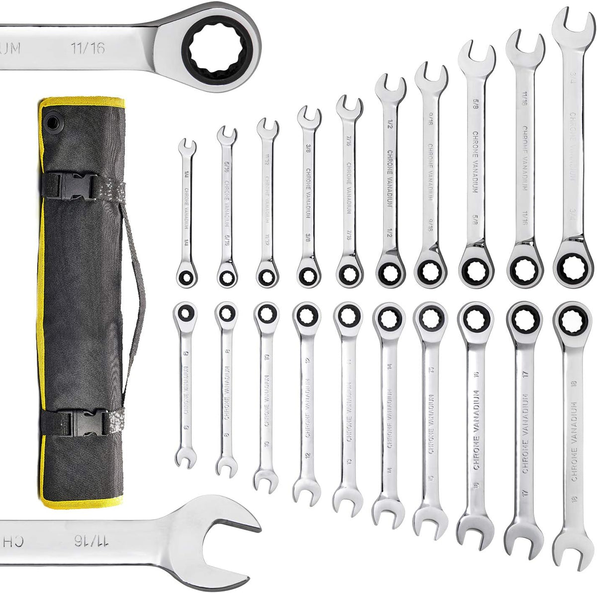 12-Piece 8-19mm Metric Flex-Head Ratcheting Wrench Set with Canvas Bag X2936