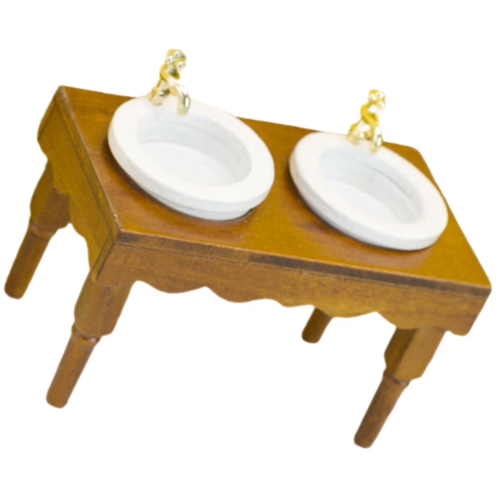 Walnut Double Basin Wash Sink Dollhouse Furniture Q3910