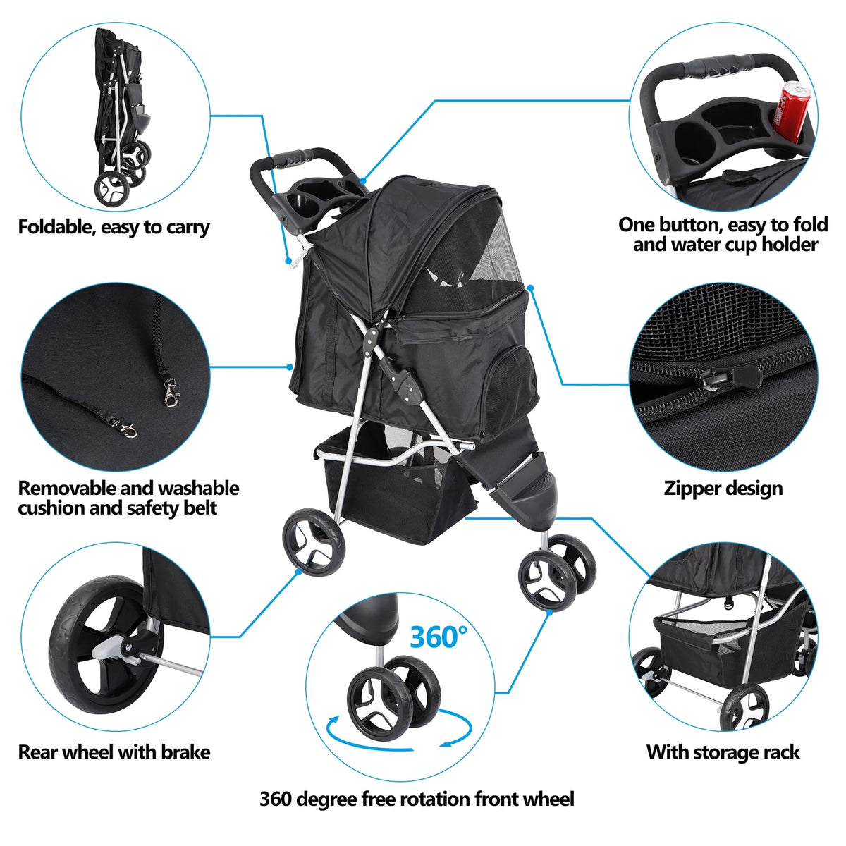 3-Wheel Pet Dog Travel Stroller T1970