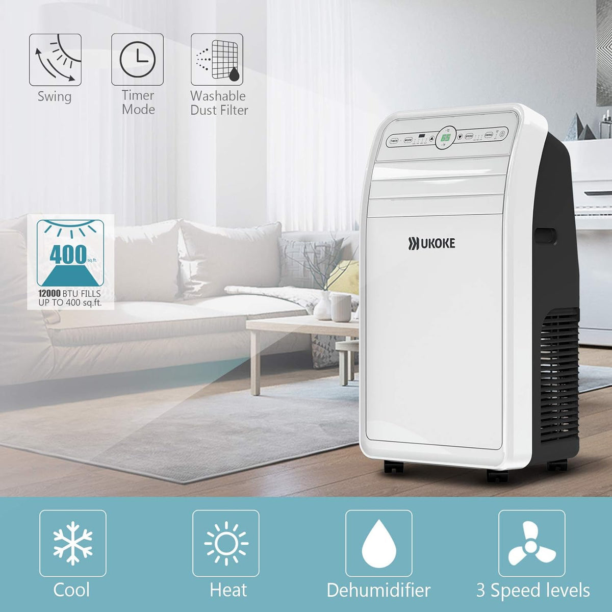 12000BTU Smart Wifi Portable Air Conditioner, 4 in 1 AC Unit with Cool, Heat, Dehumidifier & Fan, White V1105