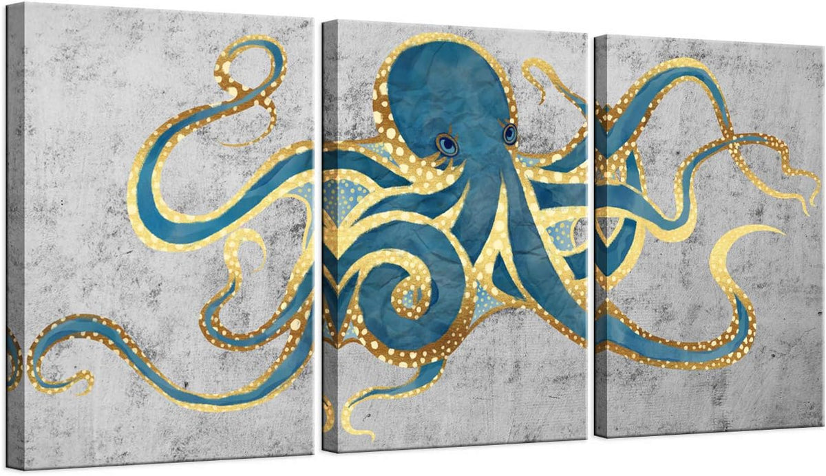 3 Piece Canvas Wall Art Teal Green Octopus Painting Prints on Canvas Sea Life Picture Poster Gallery Wrap Ready to Hang E114
