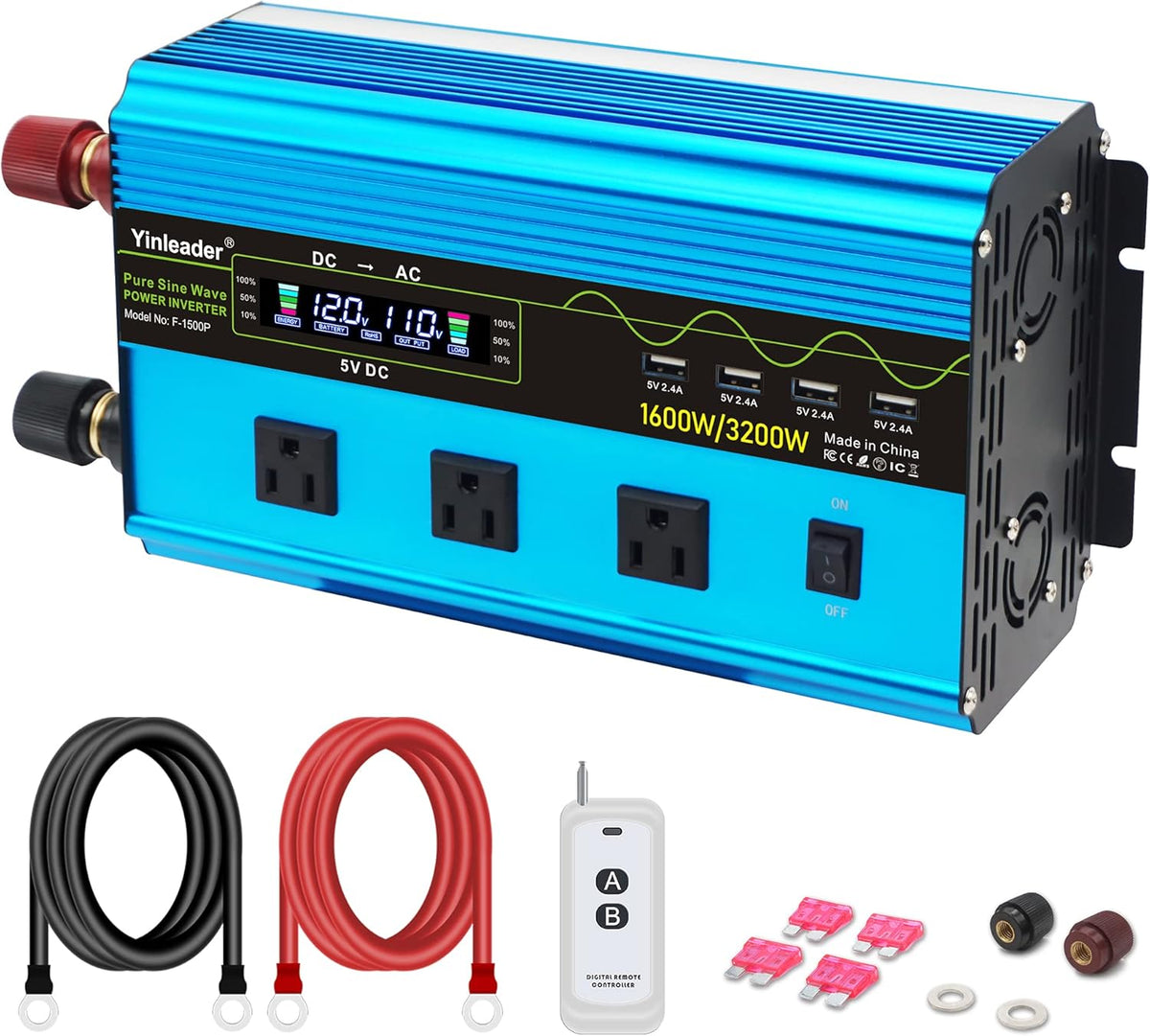1000W Pure Sine Wave Car Power Inverter DC 12V to 110V AC with Dual AC Outlets and Dual USB Charging Ports A74596