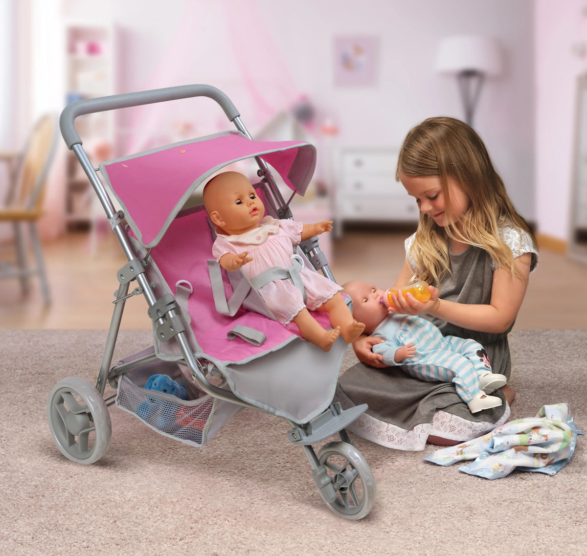 Pink Gray 3-Wheel Folding Twin Doll Stroller F15955