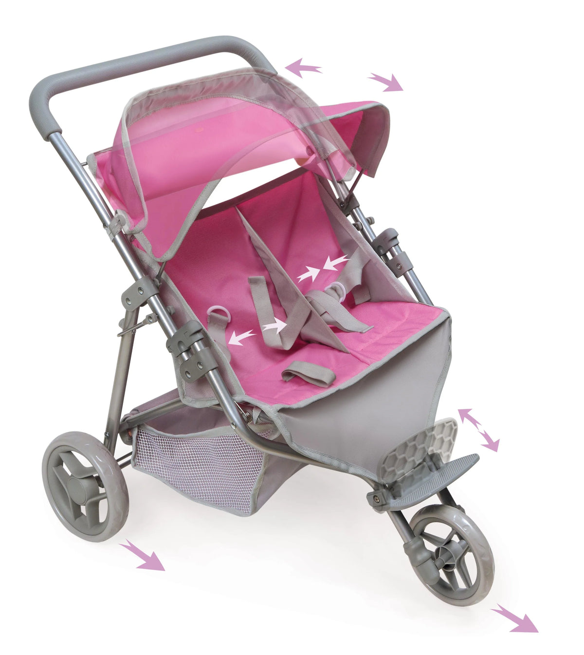 Pink Gray 3-Wheel Folding Twin Doll Stroller F15955