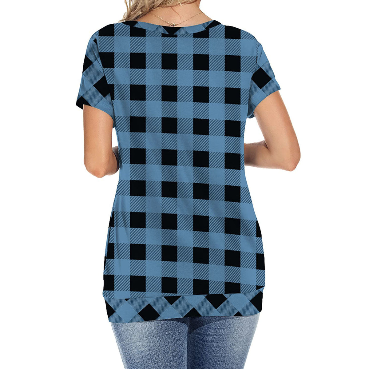 Plaid Short Sleeve Tunic Top with Pocket A8244