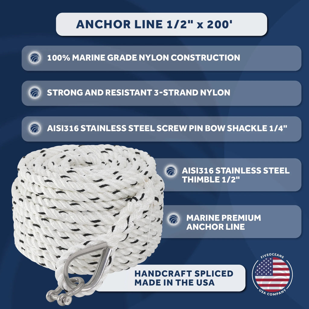 1/2 inch x 200 ft 3-Strand White Nylon Anchor Rope Line with Stainless Steel Thimble and Schakle G10225