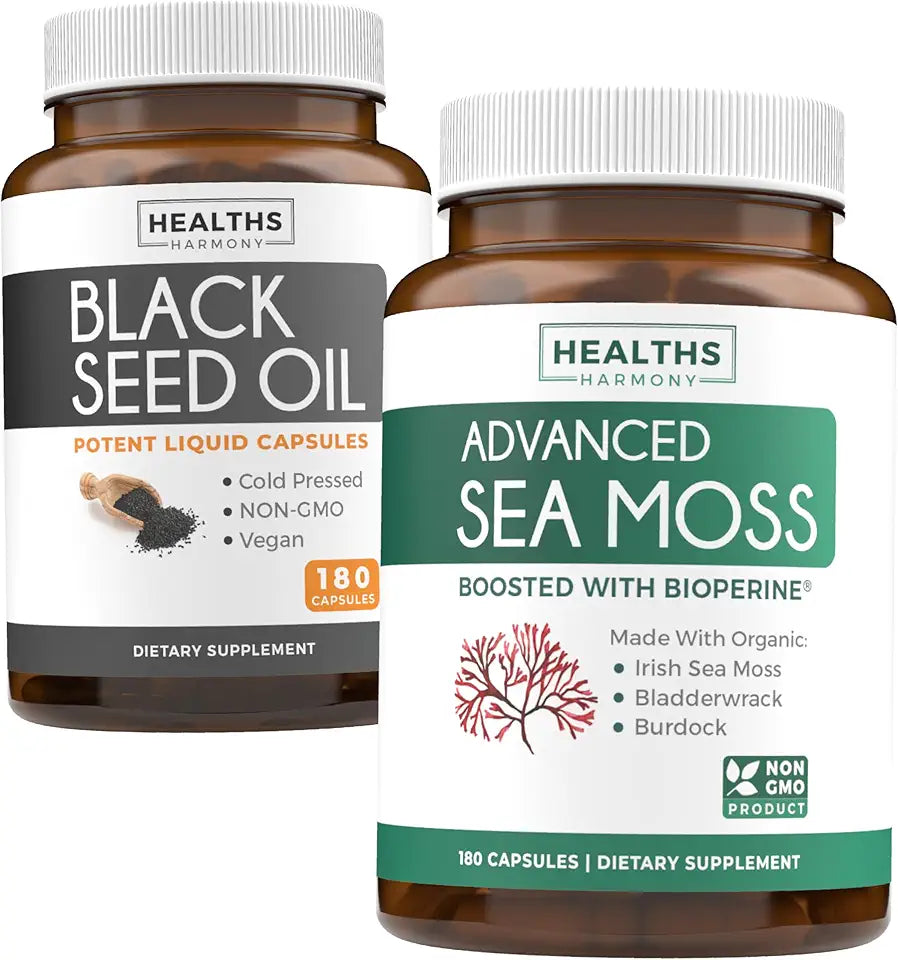 Black Seed Oil & Irish Sea Moss 360 Capsules with Bioperine and Bladderwrack M76482