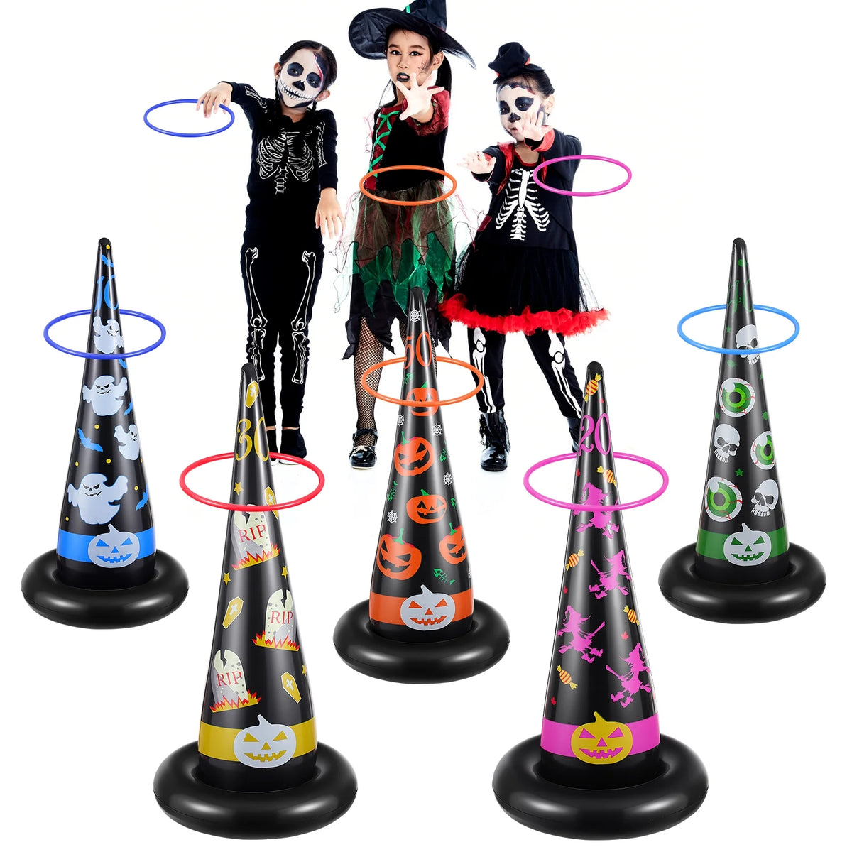 5pcs Inflatable Halloween Witch Hat Ring Toss Game Party Supplies with Plastic Rings Air Pump P525