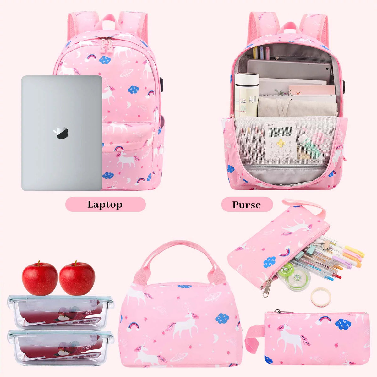 Pink Canvas School Backpack with USB Charging Port K448